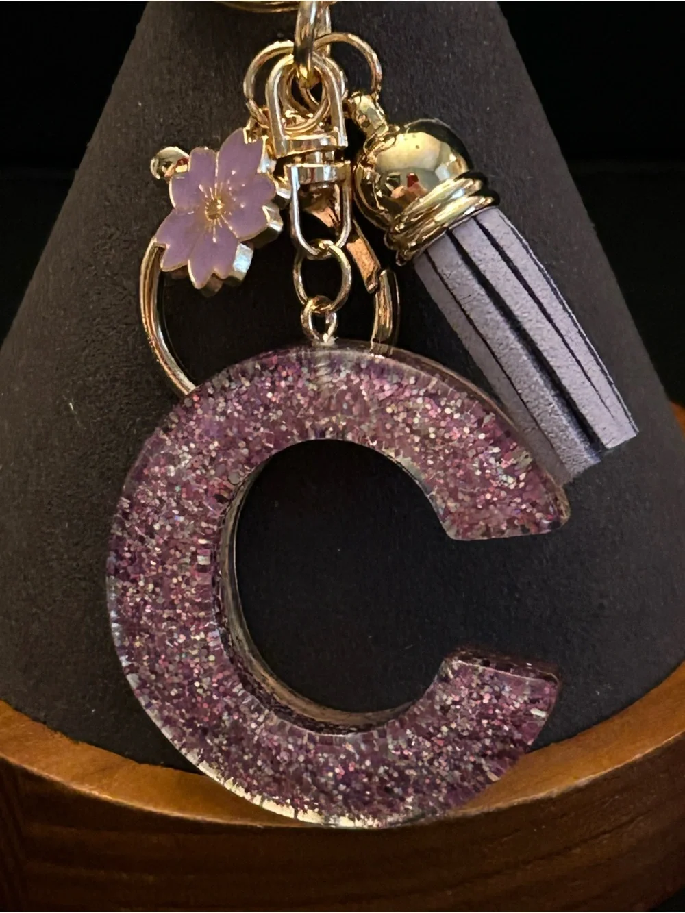 Gold-Tone Key & Card Holder w/Purple Glitter Choice of Initial Charm w/Tassel
